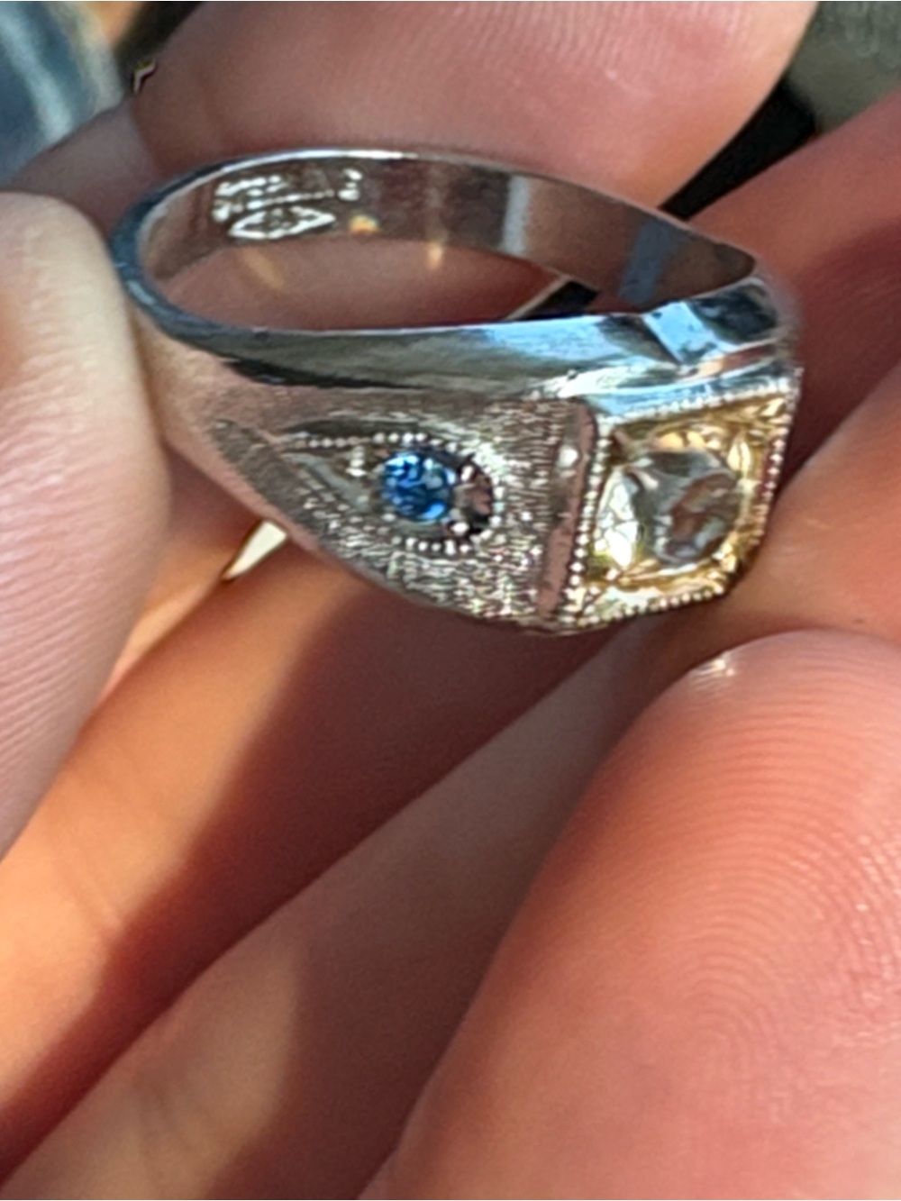 Men's Size 11.5 Silver Tone Signet Ring with Clear Center Stone and Blue Accents